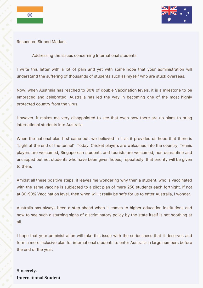 deepeshbatra22's tweet photo. Open letter from students to the people making decisions about our prospects and future in Australia. It indeed, is the need of the hour to scrap the pilot plan and treat students equally. 

@Dom_Perrottet @JoshFrydenberg @ScottMorrisonMP @AlexHawkeMP @DanielAndrewsMP https://t.co/o67FOW6XzG