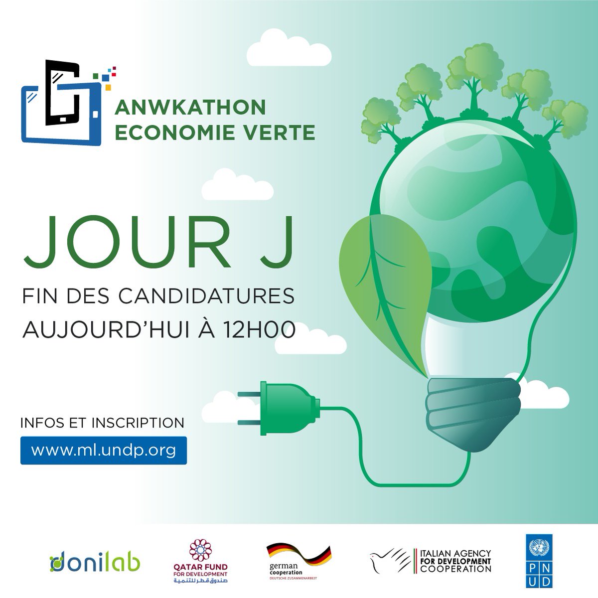 Donilab1's tweet photo. [[Sᴇ́ɢᴏᴜ]]
🟢ANWKATHON ECONOMIE VERTE🟢

Plus que #5heures tic tac ⌛, inscris toi avant #12h en cliquant 👇🏾 
📬https://t.co/fc51MhcYyW 📫
📆Date limite d'inscription : 25 novembre 2021 à 12h
🕵️‍♀️Infos : https://t.co/RQ4aAREjHI
🔓NB: Candidature soumise sous validation
@PNUDMALI https://t.co/JqxJzQxAz7