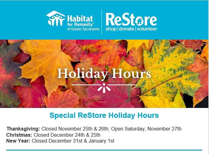 SacReStore's tweet photo. 🍁🍂Special ReStore Holiday Hours🍂🍁
Wishing everyone a wonderful holiday season! 
#TheStoreThatBuildsHomes https://t.co/P67xHp7UZt