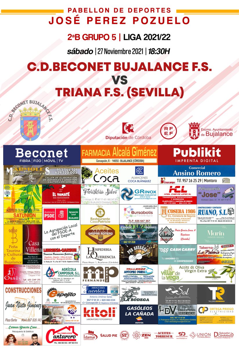 📷 CARTEL OFICIAL | <a href="/TrianaFS/">Olimpic de Triana</a> será el rival que nos visite este sábado. Partido vital para hacer bueno el punto de la jornada a anterior. 

🏆 #GV2B - Jornada 11
🎟️  Socios Gratis. General 4 €
📺 Canal 9 Beconet TV

#VamosBujalance #TodoAlRojo