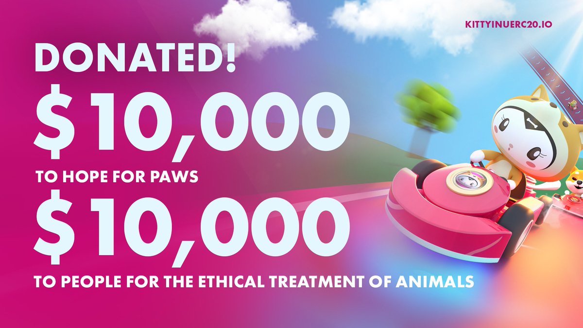 We’re proud to share that Kitty Inu donated $10,000 to <a href="/hopeforpaws/">Hope For Paws</a>, and donated $10,000 to <a href="/peta/">PETA</a>! We’re so happy to be able to do these acts of kindness and help our animals in need. This is all possible because of you Kitties! 
$kitty #KittyInu #Hopeforpaws #Peta