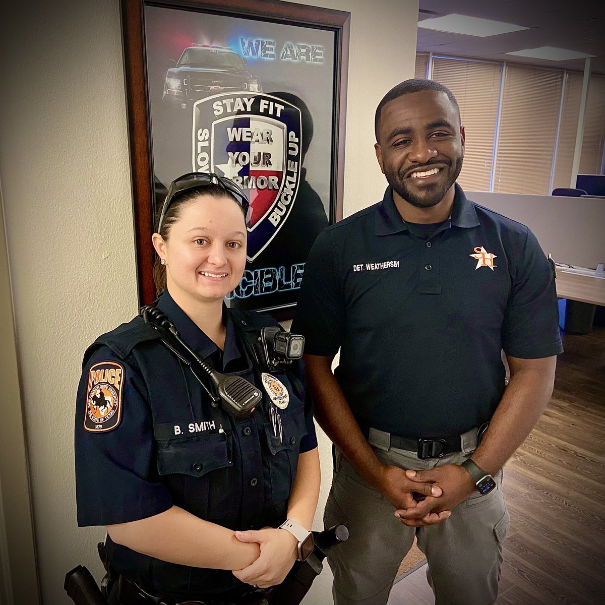 We want to wish everyone a Happy Thanksgiving! We hope everyone has a safe holiday break. 
Just a reminder, our officers will be working through the holiday to help keep the campus safe and assist our university community. Pictured- Ofc B. Smith &amp; Det W. Weathersby #shsu #shsupd