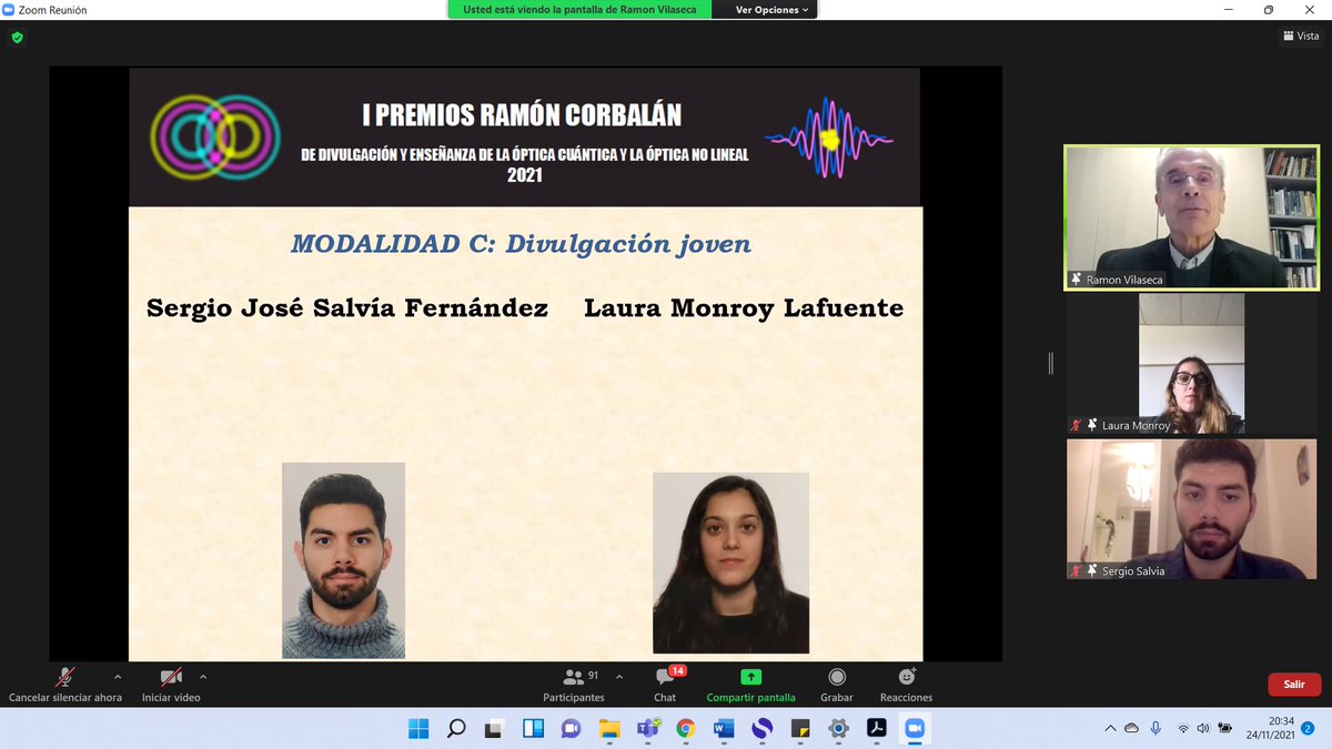 El comité de  <a href="/sedoptica/">SEDOPTICA</a> de Óptica Cuántica y Óptica no lineal, así como <a href="/RSEF_ESP/">RSEF</a>   entrega los premios Ramón Corbalán, de la mano de R. Villaseca.
¡¡¡Enhorabuena a los premiados!!!