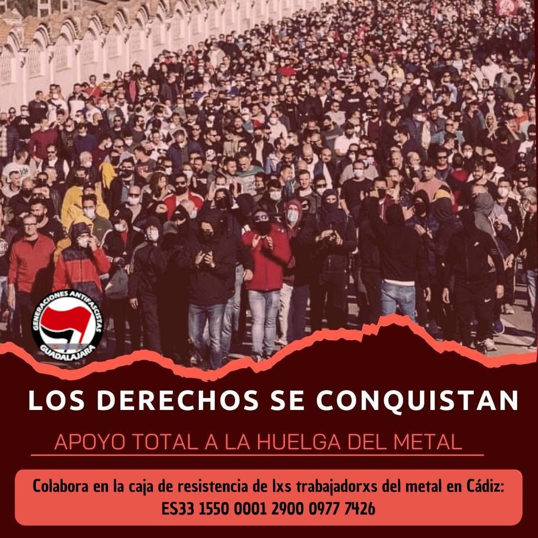 GenAntifa's tweet photo. Todo nuestro apoyo a la Huelga del Metal en Cádiz y a su gente. ¡Contra su represión, nuestra solidaridad! 

#HuelgaMetalCadiz https://t.co/p2l4XZrDok