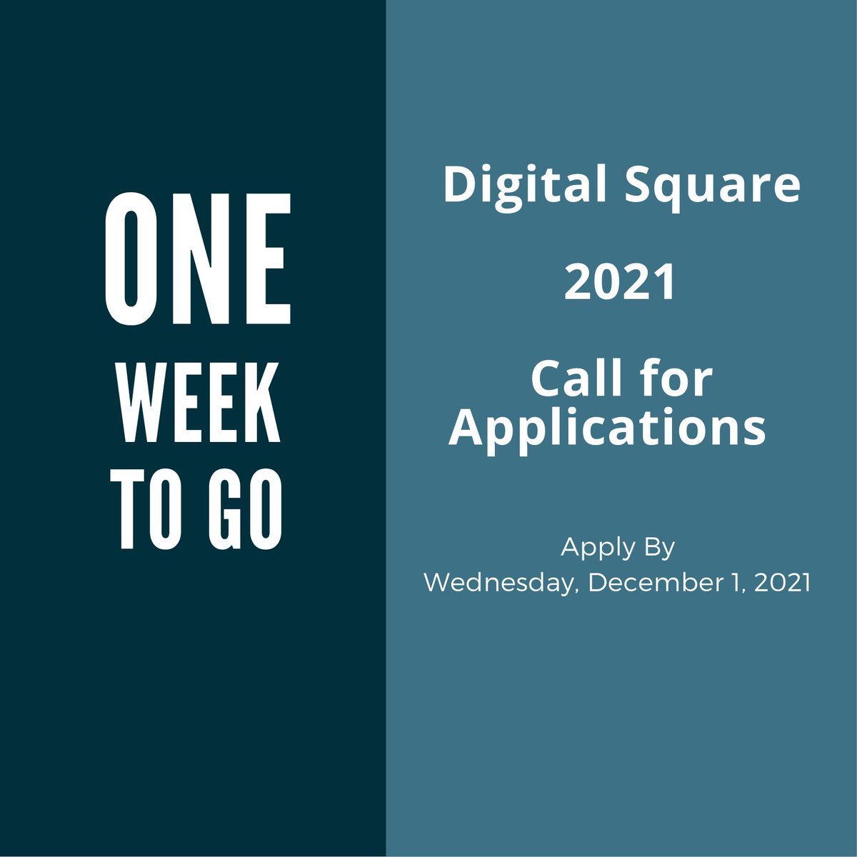 DigitalSQR's tweet photo. One week to go!

Apply now for the latest @DigitalSQR funding opportunity: https://t.co/am8eHx4rrk

Due Date: 1st December 2021

#Countdown #Funding #CallForProposals https://t.co/IhbQ8CsQWE