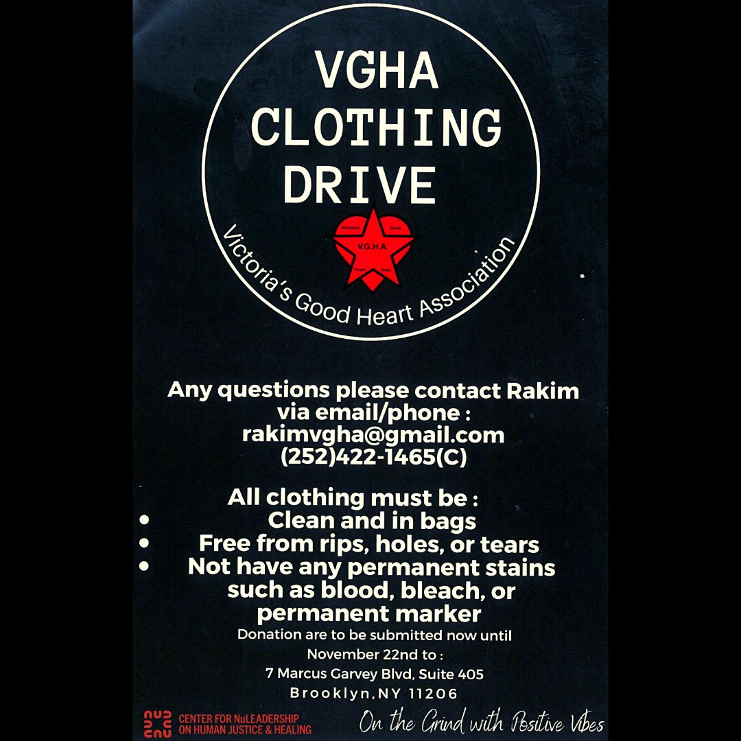 ctrnuleadership's tweet image. As part of our #VillageTakeback initiative, today is the Victoria's Good Heart Association Community Clothing Drive &amp;amp; Thanksgiving Dinner! This will be today from 12-4pm at 25 Patchen Ave, Brooklyn, NY, 11221. There will be free food, clothing, sneakers and coats provided!