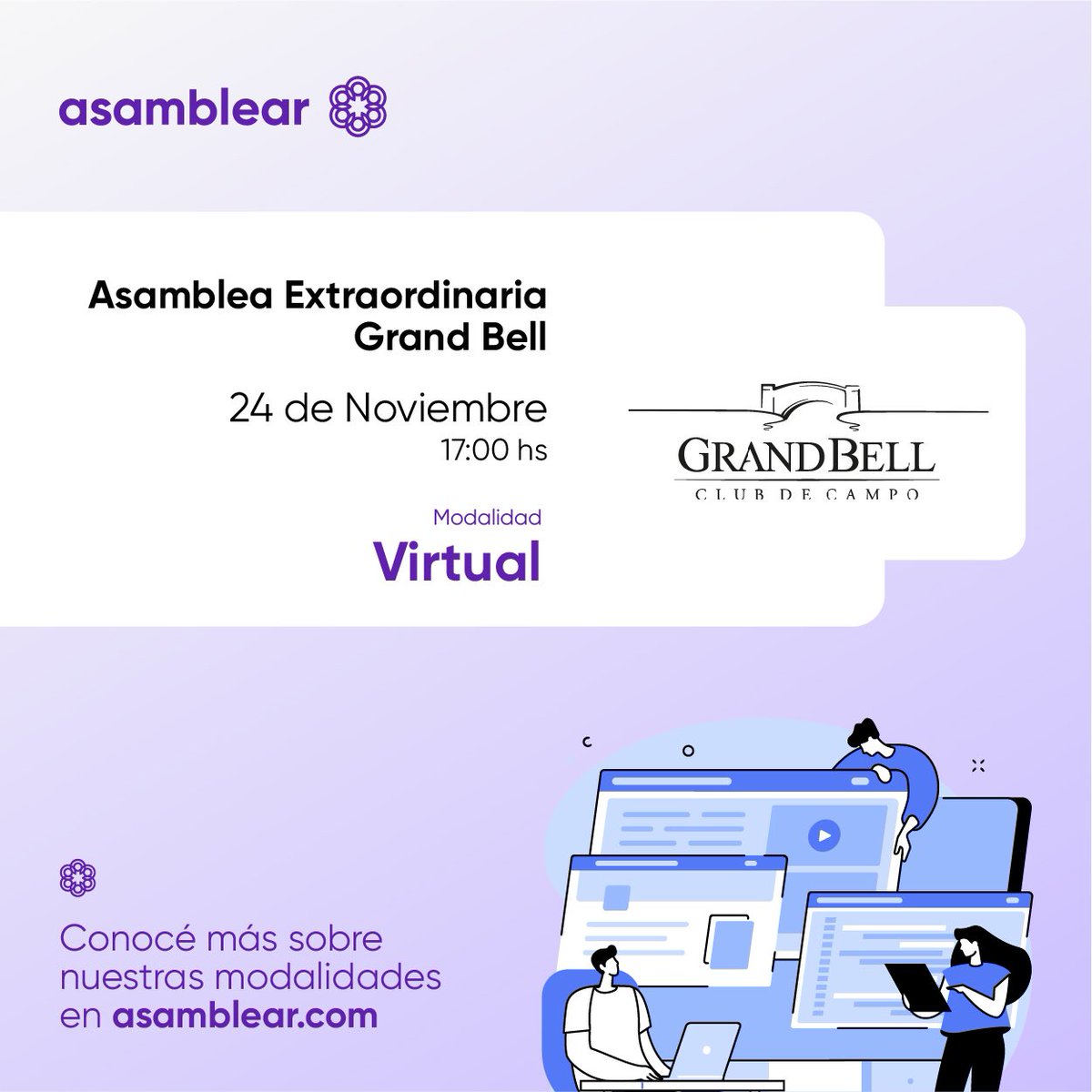 AsamblearOK's tweet photo. Hoy 24/11 a las 17 hs, el Barrio Privado Grand Bell estará llevando a cabo su Asamblea Extraordinaria en modalidad virtual mediante nuestra plataforma. Desde #Asamblear estamos muy agradecidos de que este consorcio dé un paso hacia la innovación, confiando en nuestro servicio. 💪🏻 https://t.co/iiZkXzcd3l