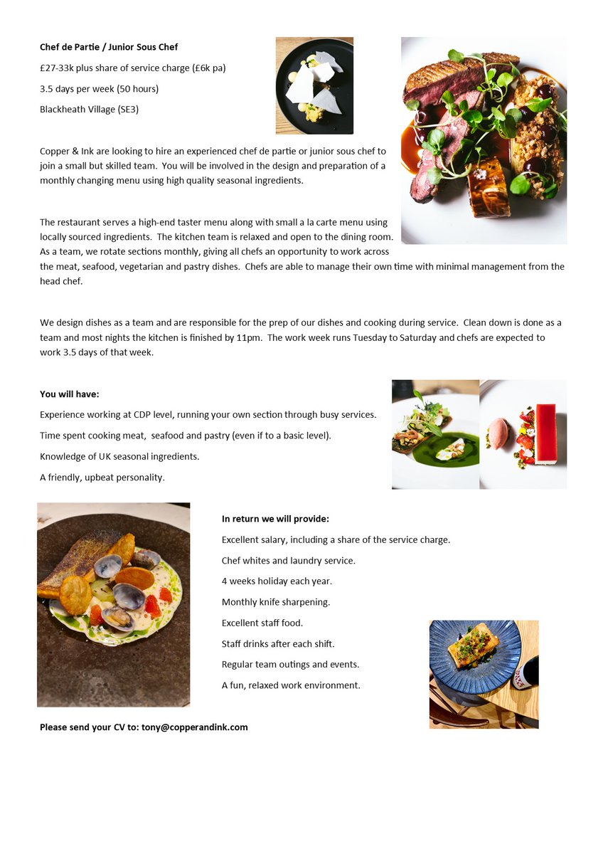 TonyRoddUK's tweet image. We're hiring!  Chef de Partie or Junior Sous
£27-£33k plus share of service charge (c£6k pa)
3.5 days a week (50 hours)
Monthly changing menu
Input into the menu design
Fun and relaxed team

Send your CVs to:
tony@copperandink.com