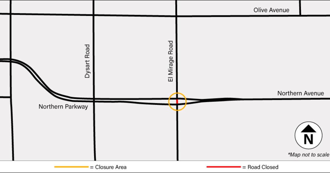 MaricopaRoads's tweet image. El Mirage Rd (northbound and southbound) will be closed at Northern Parkway from 9pm 12/3 to 9am 12/4.  Please plan travel accordingly.
#PhxTraffic #AdvancedNotice
