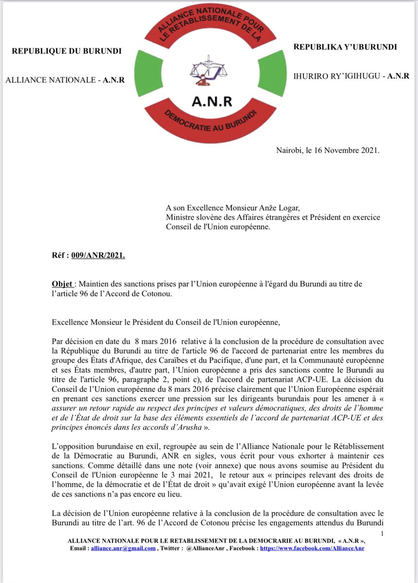 AllianceAnr's tweet photo. Dans une correspondance adressé à S.E @AnzeLog , Ministre slovène des Affaires étrangères et Président en exercice du Conseil de ‘UE,@AllianceAnr exhortent les autorités européennes à maintenir les sanctions contre le #Burundi. @CharlesMichel @JosepBorrellF @vonderleyen @eu_eeas https://t.co/5I4YjfnCpl