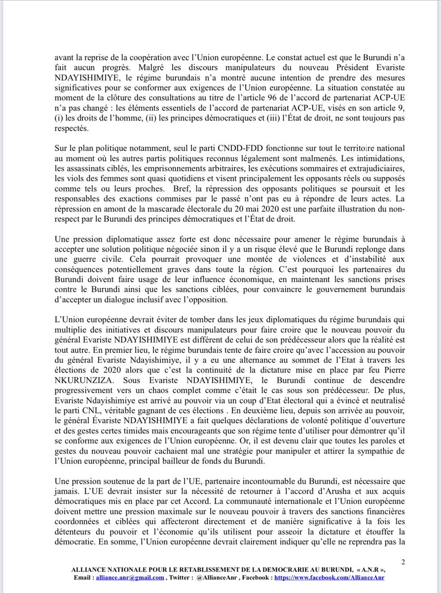 AllianceAnr's tweet photo. Dans une correspondance adressé à S.E @AnzeLog , Ministre slovène des Affaires étrangères et Président en exercice du Conseil de ‘UE,@AllianceAnr exhortent les autorités européennes à maintenir les sanctions contre le #Burundi. @CharlesMichel @JosepBorrellF @vonderleyen @eu_eeas https://t.co/5I4YjfnCpl
