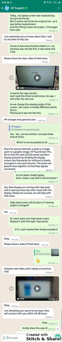ARIFS146's tweet photo. @HPIndia @HP case id 5076045855
@HPSupport is saying that replaced screen r high pixel display &amp; will be blurry.but company should replace only genuine parts as mentioned in products specs.@HPSupport is not customer centric.kindly check the product description and support chat. https://t.co/mtuFFUSRTU