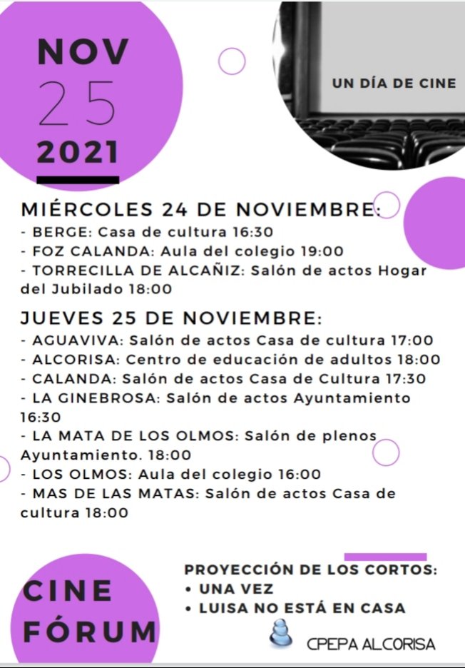 CpepaA's tweet photo. Este año visualizamos el2️⃣5️⃣N 💟, Día Internacional Contra el Maltrato a la Mujer, a través de un CINE-FORUM🎥 con dos cortometrajes del programa "Un día de cine", en el cual participamos. Os adjuntamos los lugares y horarios https://t.co/GAUXNRCeSy