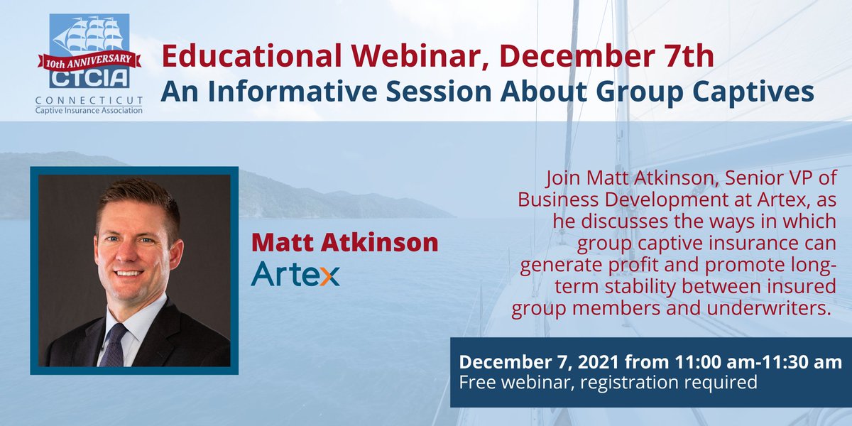 CTCaptives's tweet photo. Last chance to save your spot for the free group captive webinar tomorrow!
Register today at https://t.co/OmEBjBjMnN to hear from Matt Atkinson of @artexrisk as he discusses the benefits captive insurance can offer to insured group members and underwriters.
#GroupCaptive https://t.co/eYnK33kd2p