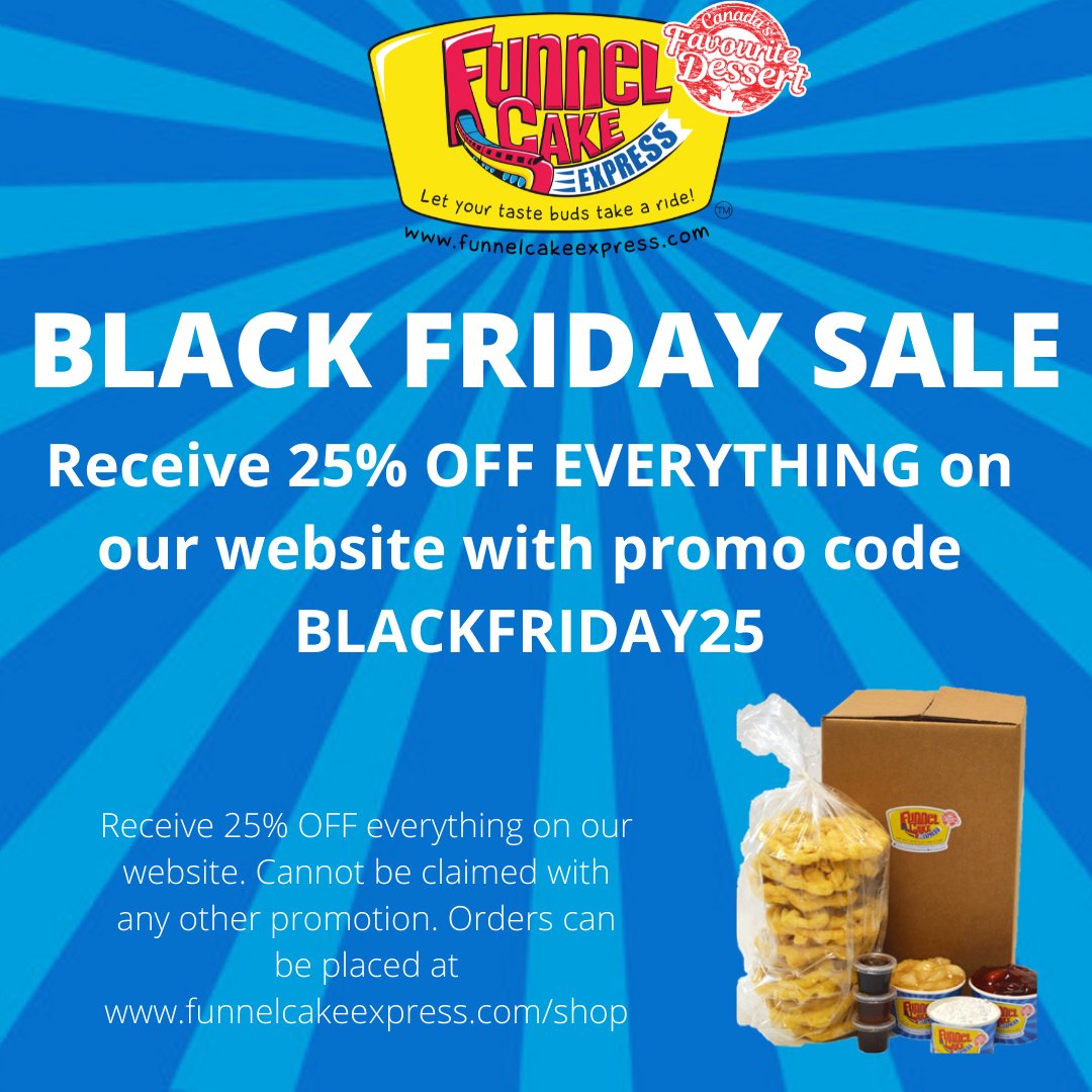 Receive 25% OFF EVERYTHING on our website with promo code BLACKFRIDAY25 from now until November 29th! 🎉😄
▪️
▪️
▪️
▪️
▪️
▪️
#promo #funnelcake #funnelcakes #funnelcakeexpress #blackfriday #torontofood #torontoeats #toronto_insta #torontolife #catering #GTA #party #toronto