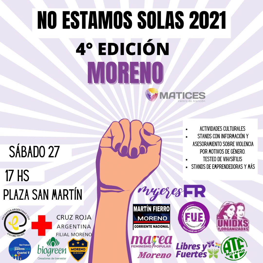 Matices_AC's tweet photo. 💜 Este sábado 27 de noviembre, en el marco del Día Internacional de la Eliminación de la Violencia contra la Mujer, estaremos con una nueva edición de #NoEstamosSolas en Plaza San Martín. https://t.co/bP8cNGxkOG