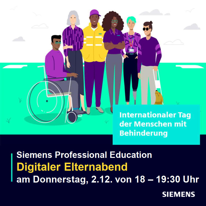 SiemensDE's tweet photo. Unser nächster digitaler Elternabend steht an: Diesmal zum Thema Ausbildung mit Behinderung. Am 2.12. um 18 Uhr gibt es Tipps für interessierte Eltern. Hier geht es zur Anmeldung 👇