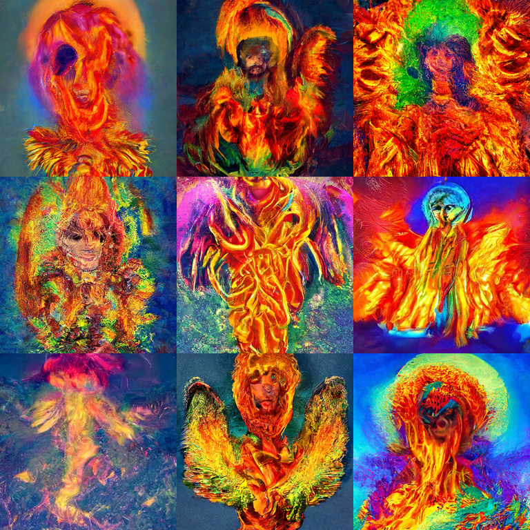 RiversHaveWings's tweet photo. Prompt: "hyperrealistic psychedelic angel of [fire/water/earth/air]" (CLIP conditioned and guided diffusion) https://t.co/WFgL1CKoBy