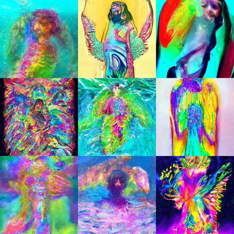 RiversHaveWings's tweet photo. Prompt: "hyperrealistic psychedelic angel of [fire/water/earth/air]" (CLIP conditioned and guided diffusion) https://t.co/WFgL1CKoBy