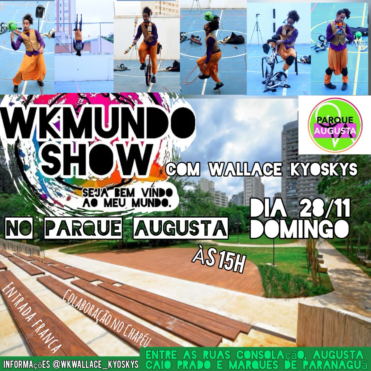 parque_augusta's tweet photo. O artista Wallace Kyoskys apresentará seu solo musical circenses WKMundo Show .
Às 15h no dia 28/11 no parque augusta . 
Entrada franca.
https://t.co/mZEAEZQTpW https://t.co/1aCtIdkK9E