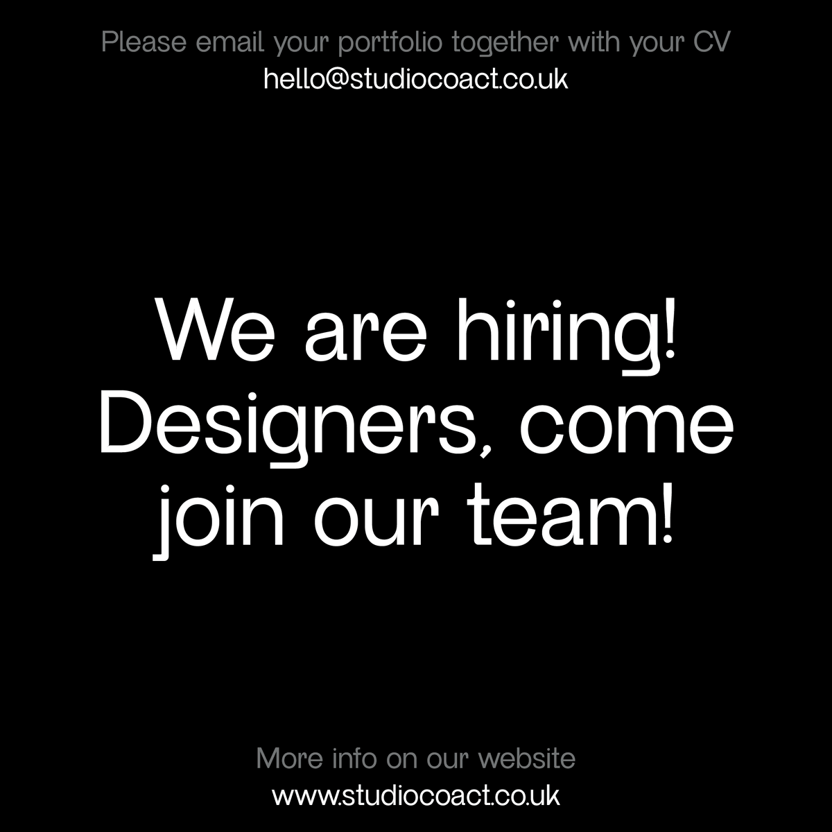 studiocoact's tweet image. We are HIRING!

Studio Coact are looking for an ambitious designer to join our team!

Send your portfolio to hello@studiocoact.co.uk – For more information regarding this position, visit our website.