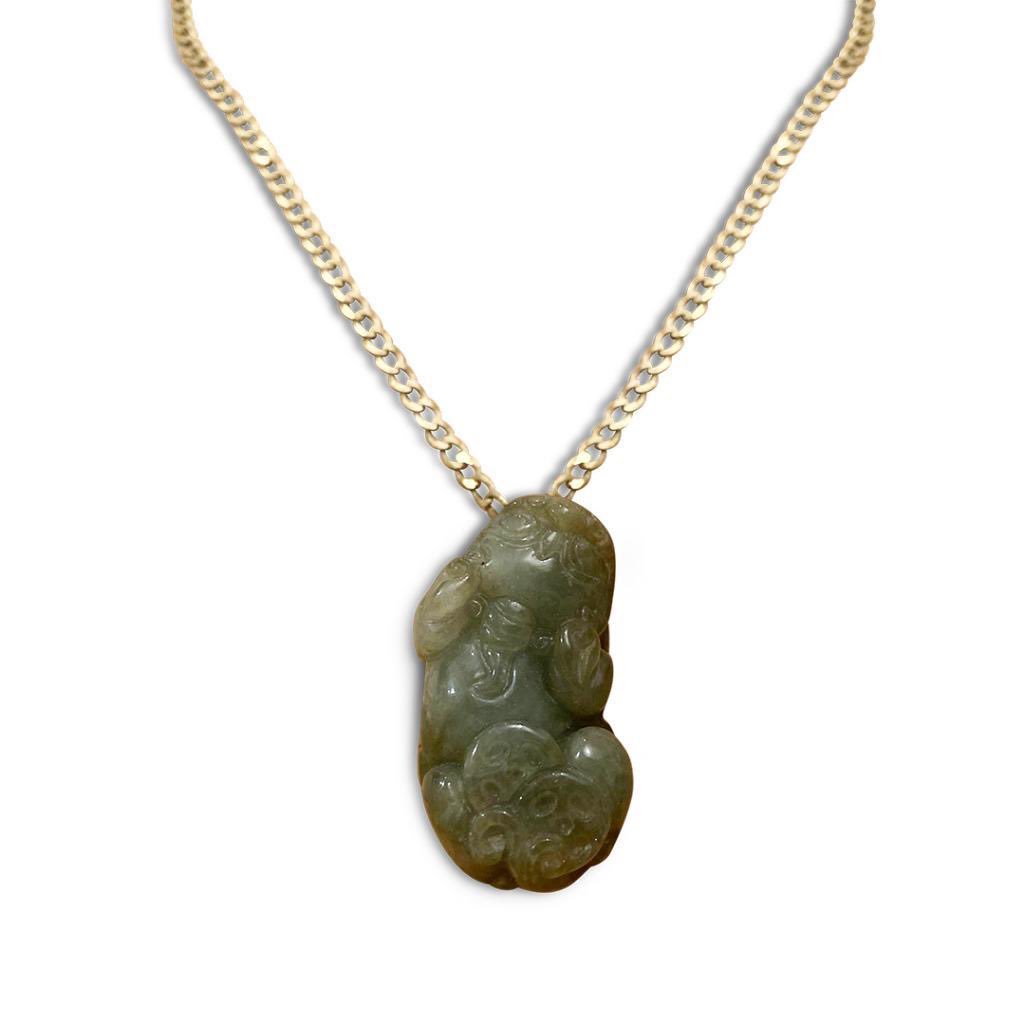 ROSuilleabhain's tweet photo. Interesting piece here #Lot 35 | #CHINESE #HARDSTONE PENDENT ON A 9CT #GOLD CHAIN, the carved hardstone dog of foo mounted with coins, held on a 9ct gold chain, 23.1g total. One of the many pieces of #Jewellery included in the current #auction @HermansAuctions https://t.co/ik9VHXvwl0