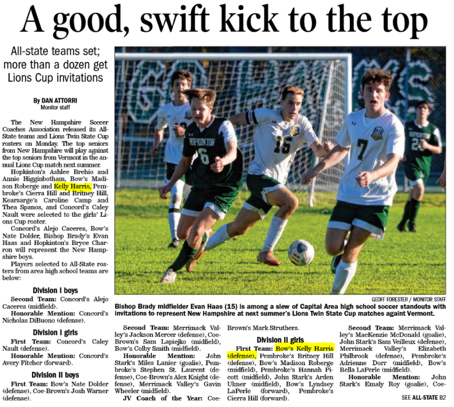 CrushGoldNH's tweet photo. Congratulations again to 2022 C/OF @_kellyharris (Bow High School Varsity Soccer) for her Division II First Team All-State and Lions Cup Twin State selections from the NH Soccer Coaches Association! #PCNH #LevelUp https://t.co/35Ldhcvn5Q