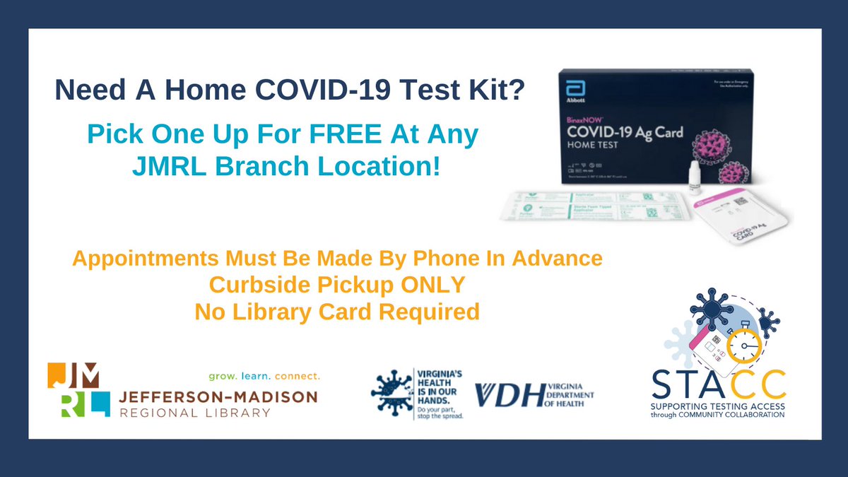 Starting today, JMRL is partnering with <a href="/VDHgov/">Va Dept of Health</a> to distribute home COVID-19 test kits at all branch locations. No library card required. Call your local branch for an appointment. Curbside pickup ONLY. jmrl.org/covid19.html #jmrl #jmrlib #covid19 #rapidtest #atyourlibrary