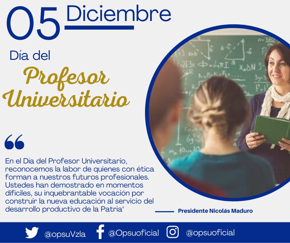 En el Día del Profesor Universitario, reconocemos la labor de quienes forman a nuestros futuros profesionales. Ejemplo para los jóvenes de la patria.

¡Gracias por impartir tus conocimientos!

#opsu
