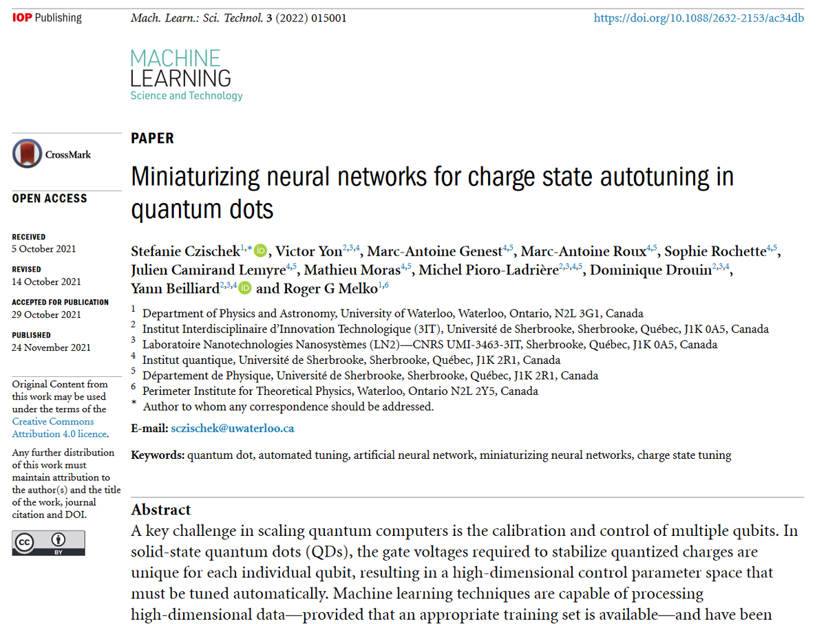Machine Learning: Science and Technology (@mlstjournal) on Twitter photo Great new work by <a href="/sCzischek/">Stef Czischek</a> <a href="/rgmelko/">Roger Melko</a> <a href="/Sophie_Rochette/">Sophie Rochette</a> <a href="/YannBeilliard/">Yann Beilliard</a> et al <a href="/IQ_USherbrooke/">Institut quantique</a> <a href="/WaterlooSci/">Waterloo Science</a> <a href="/Perimeter/">Perimeter Institute</a> - 'Miniaturizing #neuralnetworks for charge state autotuning in #quantum dots'- bit.ly/32wNAtt #QuantumComputing #machinelearning #memristors #neuromorphic Great new work by <a href="/sCzischek/">Stef Czischek</a> <a href="/rgmelko/">Roger Melko</a> <a href="/Sophie_Rochette/">Sophie Rochette</a> <a href="/YannBeilliard/">Yann Beilliard</a> et al <a href="/IQ_USherbrooke/">Institut quantique</a> <a href="/WaterlooSci/">Waterloo Science</a> <a href="/Perimeter/">Perimeter Institute</a> - 'Miniaturizing #neuralnetworks for charge state autotuning in #quantum dots'- bit.ly/32wNAtt #QuantumComputing #machinelearning #memristors #neuromorphic