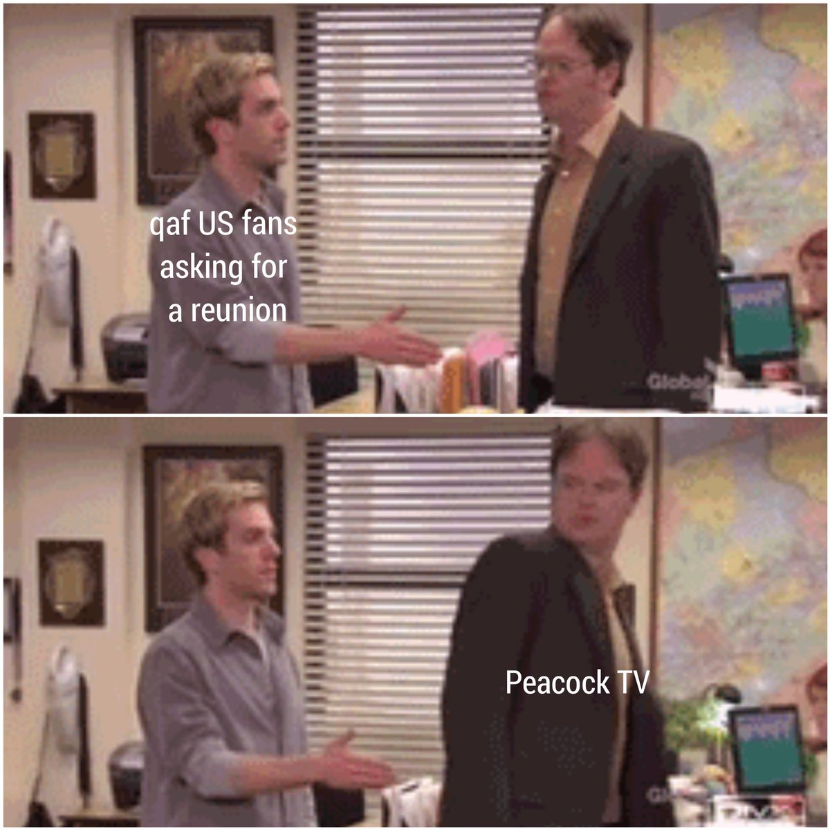 Folk4QAFReunion's tweet photo. This feels about right 😒 #qaf #queerasfolk #OGcast #qafrevival #qafreunion @peacockTV #theoffice #dwightschrute #mood #depressed @theofficetv https://t.co/Evi4bKu2CY