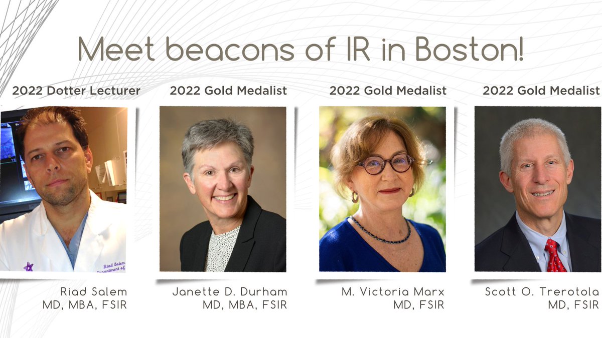 Congratulations are in order for our SIR Gold Medalists, Drs. Janette D. Durham, <a href="/MVictoriaMarxMD/">M Victoria Marx, MD</a> and Scott O. Trerotola and Dotter Lecturer Dr. <a href="/riadsalemIR/">Riad Salem</a>! We are so excited to honor you in person at #SIR22BOS! #TwittIR #IRad buff.ly/3cN53Qh