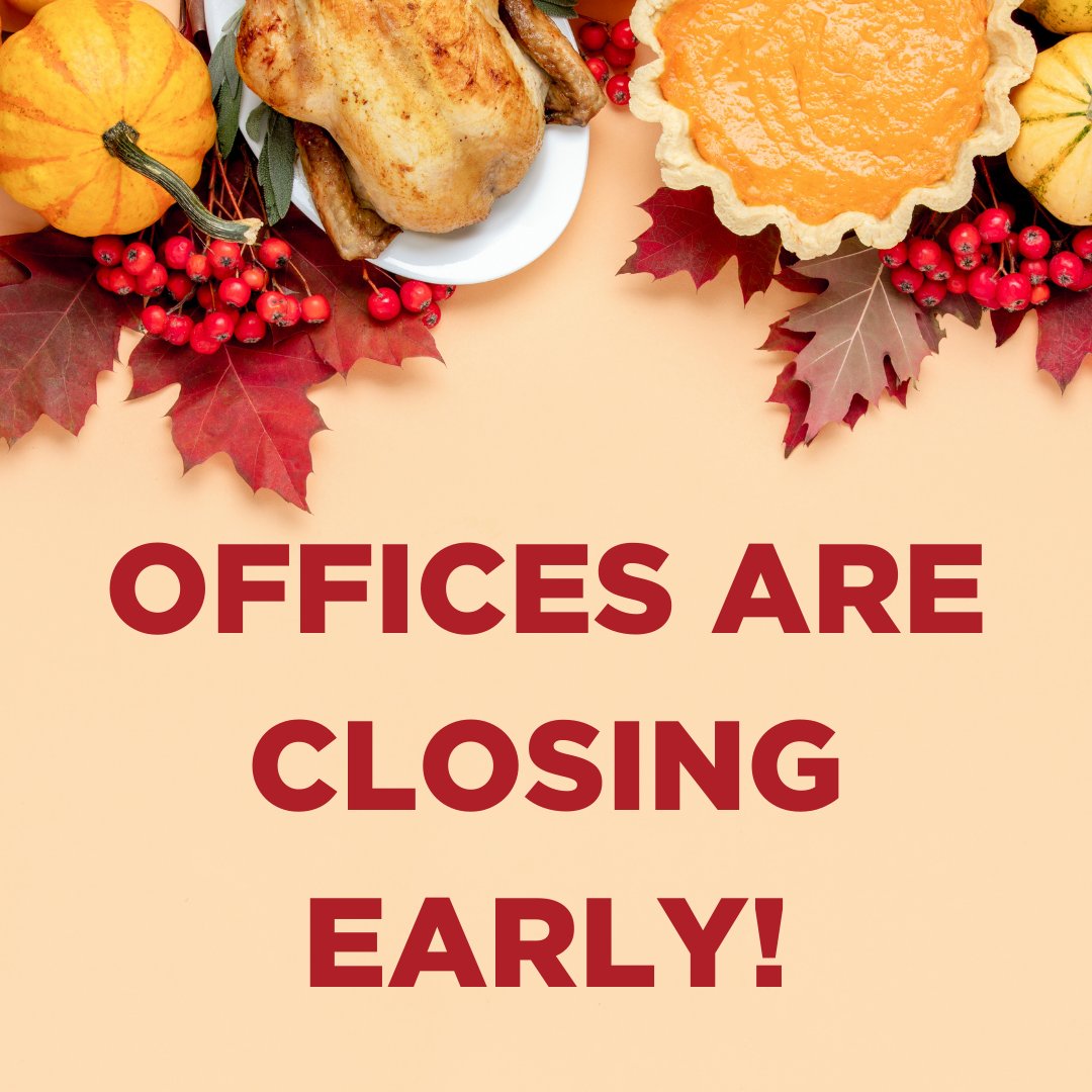 In preparation for the holiday tomorrow, our offices will be closing early today! We will be closed starting at 1 p.m. today and will reopen Friday at 8 a.m. Select athletic complexes will be open for previously scheduled rentals tonight.