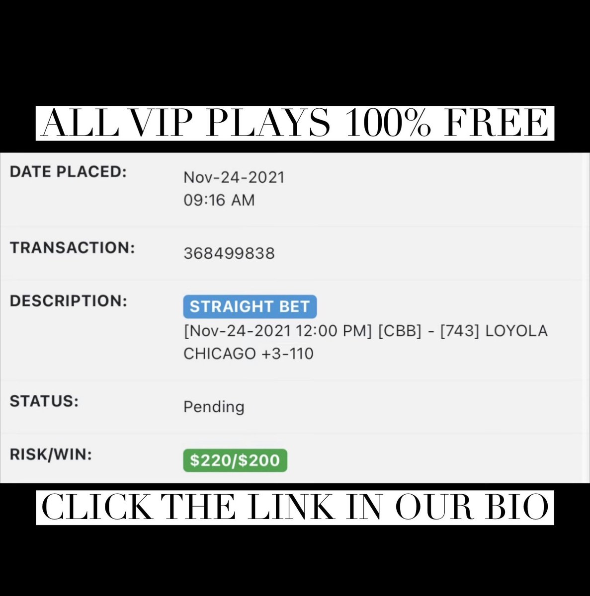 handicappingmar's tweet photo. 🚨 VIP PLAY LOYOLA CHICAGO +3💰 

Click for ALL VIP Plays FREE! ⬇️

https://t.co/xoCu1rbDcJ

You will receive ALL VIP Plays everyday FREE!

VIP PLAYS 60% CAREER!

#GamblingTwitter #sportsbettor #sportsbetting https://t.co/dWNJS6FJJt