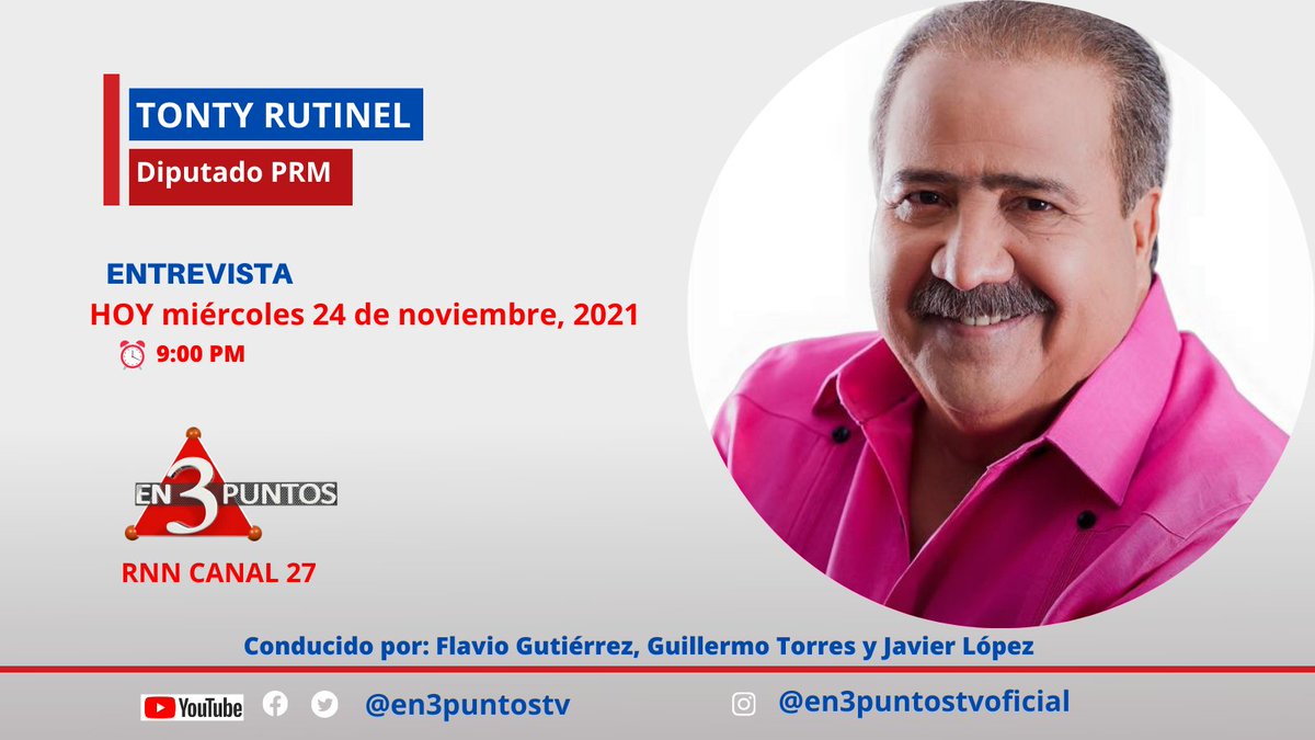 No se pierda la entrevista a nuestro invitado de este miércoles, el diputado <a href="/tontyrutinel/">Tonty Rutinel</a> del <a href="/PRMcomunicacion/">PRMComunicaciones</a>.  

Sintonice #En3PuntosTV a las 9:00pm por #rnncanal27 <a href="/NoticiasRNN/">Noticias RNN</a>.
