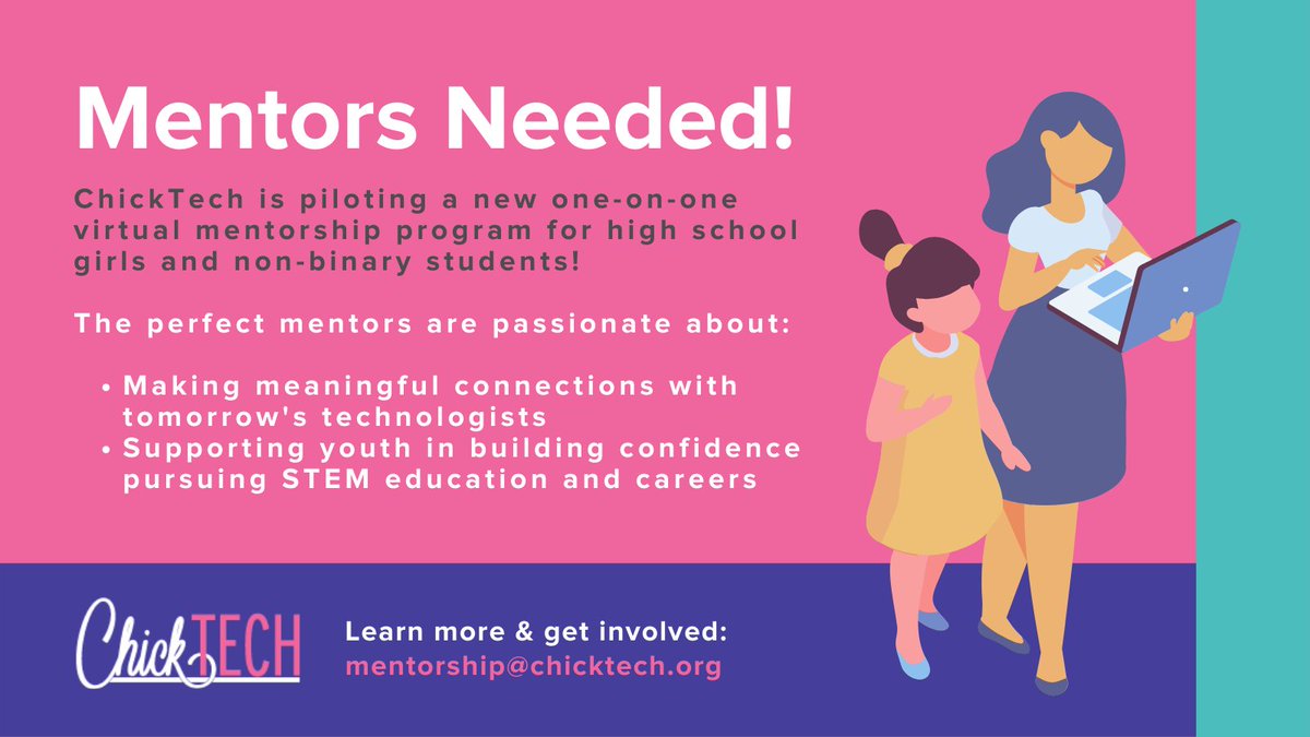 chicktechorg's tweet image. Mentors are key in showing girls and non-binary kids that STEM career fields are as attractive and attainable as any other. You can be a powerful influence—become a mentor with ChickTech's pilot virtual mentorship program! Learn more &amp;amp; sign up: chicktech.org/mentorship-pil… #STEMmentor