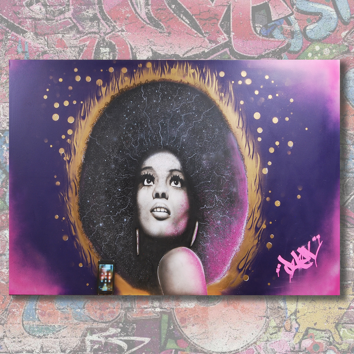 Just about to frame up this beaut!! "Female With Afro" airbrush &amp; spraycan on canvas, 1.5 x 1 Meter. #streetartnft #urbanart #Banksy #graffitinft #disco #art #pictureframing #airbrushing