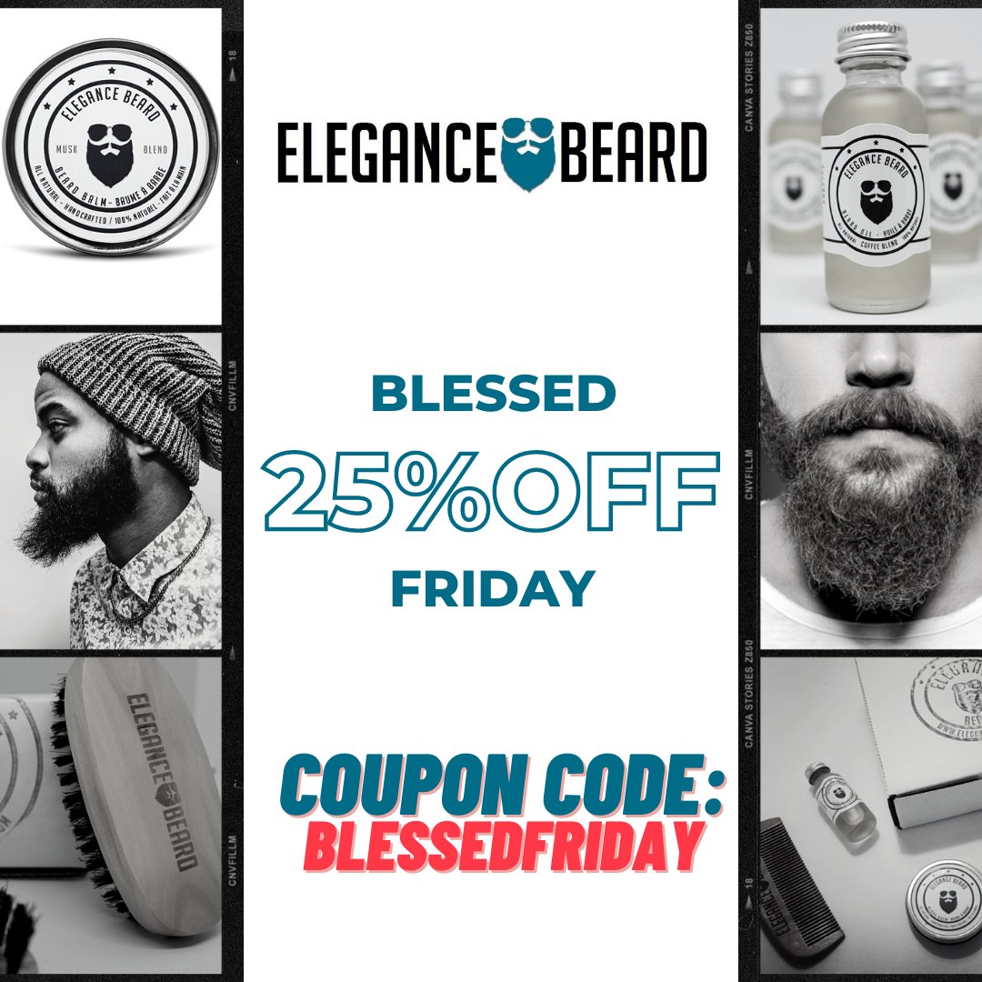 Elegance_Beard's tweet photo. Blessed Friday starts now with 25% off on https://t.co/a8s3ZLtOGF 🧔👊 
We're offering 25% off everything on our website 🔥
Use coupon code BLESSEDFRIDAY at checkout to apply the discount
Offer valid through Monday, November 29th, 2021, 11:59 pm EST⏳
#blessedfriday #beard https://t.co/09m4X4ZNL4