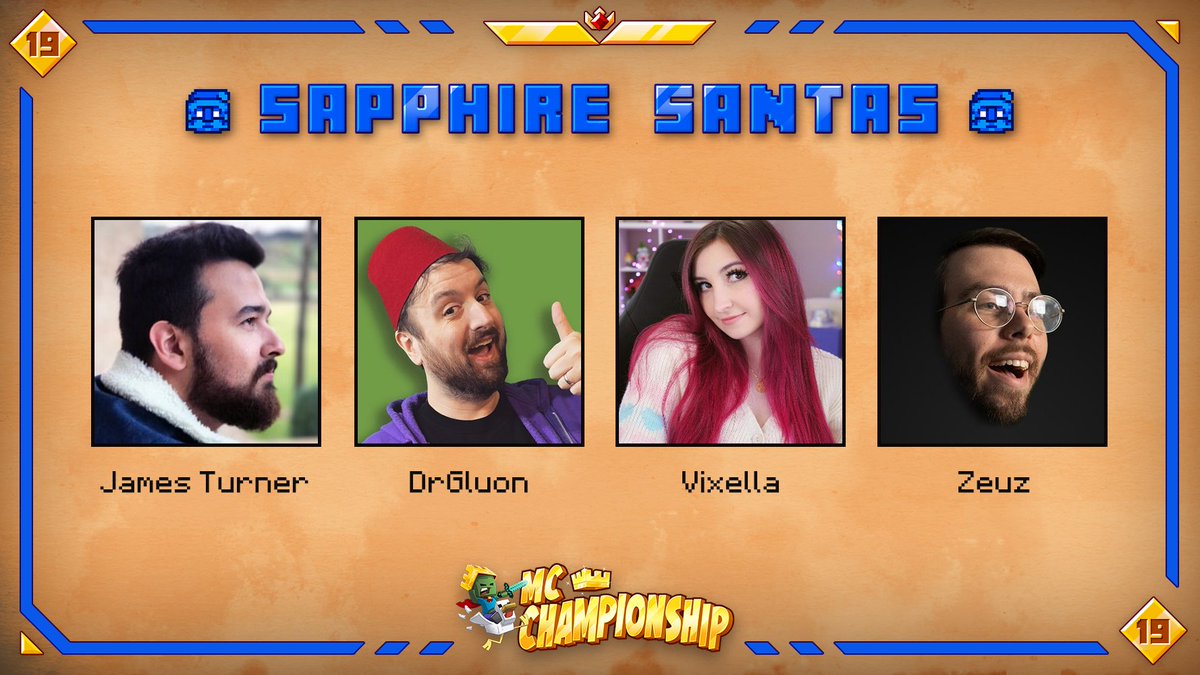 MCChampionship_'s tweet photo. 👑 Announcing team Sapphire Santas 👑

@JamesTurnerYT @Drgluon @Vixella @KryticZeuz

Watch them in MCC on Saturday December 11th at 8pm GMT! https://t.co/b4mmSJelOh