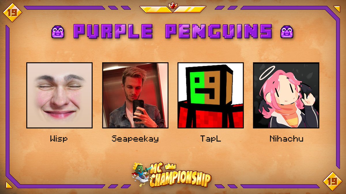 MCChampionship_'s tweet photo. 👑 Announcing team Purple Penguins 👑

@wispexe @Seapeekay @TapLHarV @Nihaachu

Watch them in MCC on Saturday December 11th at 8pm GMT! https://t.co/ePHinIAxjn