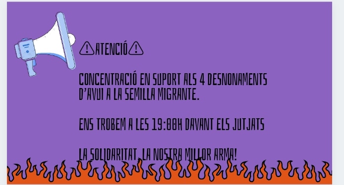 foradecmp's tweet photo. ⚠️ Concentració en suport als 4 desnonaments d'avui a la Semilla Migrante.

⏰ 19:00h 
📍Davant els jutjats (Girona) 

✊🏽 La solidaritat la nostra millor arma!🔥 
#Semillamigrante https://t.co/2ovr4RN5dT