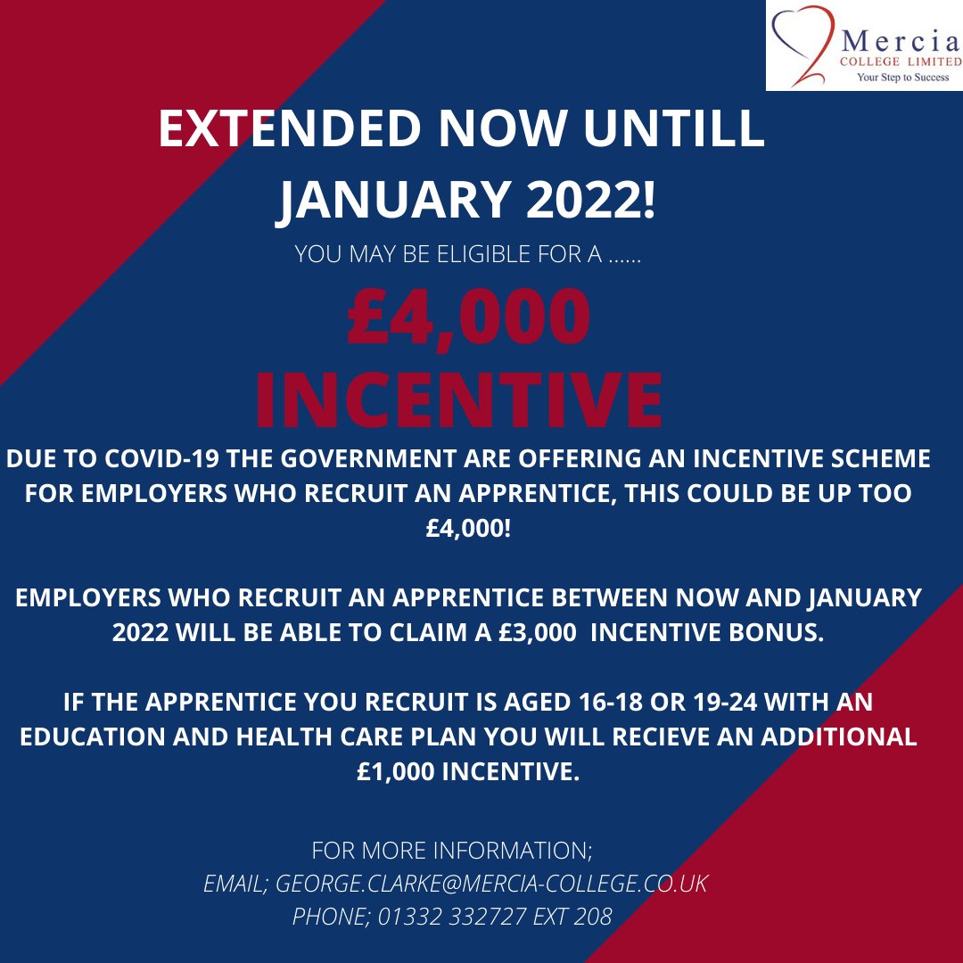 MerciaCollege's tweet photo. Interested in hiring an Apprentice to grow your business? Interested in upskilling current staff?
Until the end of January the government are offering between £3,000 and £4,000 for any new Apprentices you take on.

Get in touch with George on 01332332727 ext 208 for more info! https://t.co/Jn2FesnMdx