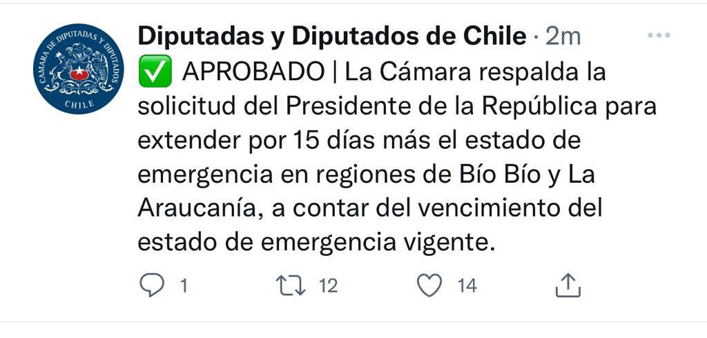 Excelente noticia para quienes vivimos en La Araucanía 👏🏽👏🏽👏🏽👏🏽
Muy agradecidos de que el gobierno del Presidente <a href="/sebastianpinera/">Sebastian Piñera</a> haya decidido solicitar una nueva prórroga del Estado de Excepción.