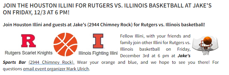 houillini's tweet photo. Save the date for our next event. Illinois Basketball opens Big Ten play vs Rutgers- Dec. 3rd. Join us at Jake's Sports Bar  6 pm.
https://t.co/UOEokCQjby https://t.co/zuRlomkcei
