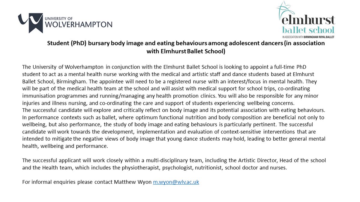 Funded PhD opportunity in association with @ElmhurstBallet looking at eating behaviours of adolescent dancers closing date 15 Dec @wlv_uni @NIDMS_ @IADMS @FEHW_Research