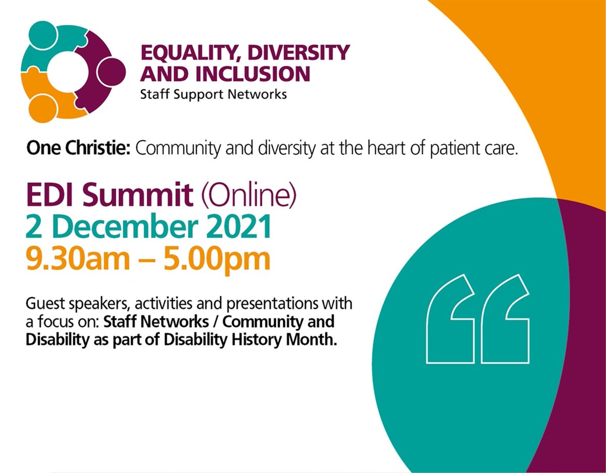 ChristieStaffHW's tweet photo. Our EDI Summit is being held online next Thursday, 2nd Dec. You are welcome to drop in and out of sessions during the day. Please see the HIVE page for booking through Eventbrite. #EDISummit https://t.co/oIXTK3lm3Y