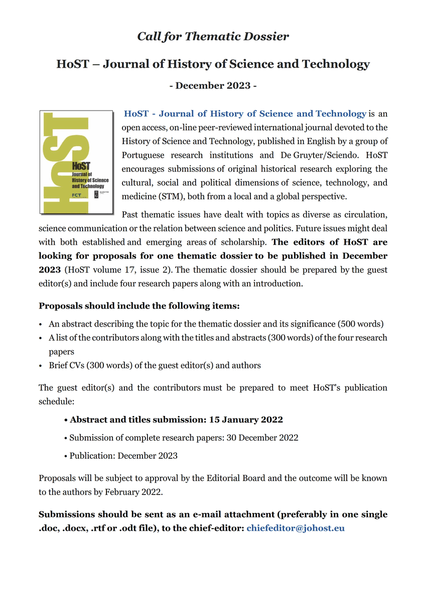 HostHistory's tweet photo. 📣Call for Thematic Issue !!! 📣
The editors of HoST are looking for proposals for a thematic dossier to be published in December 2023.
👇👇👇
Abstract and titles submission: 15 January 2022.
@sciendo_ @cidehus_ue @icsunivlisboa @ihc_fcsh
#CIUHCT #openaccess #histSTM https://t.co/EKpXbbedTt