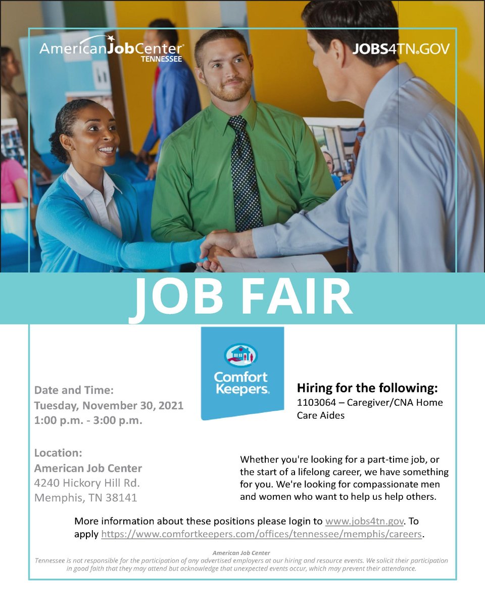 Comfort Keepers is scheduled to host a job fair at the Hickory Hill American Job Center on Tuesday, Nov. 30 from 1 to 3 pm.
