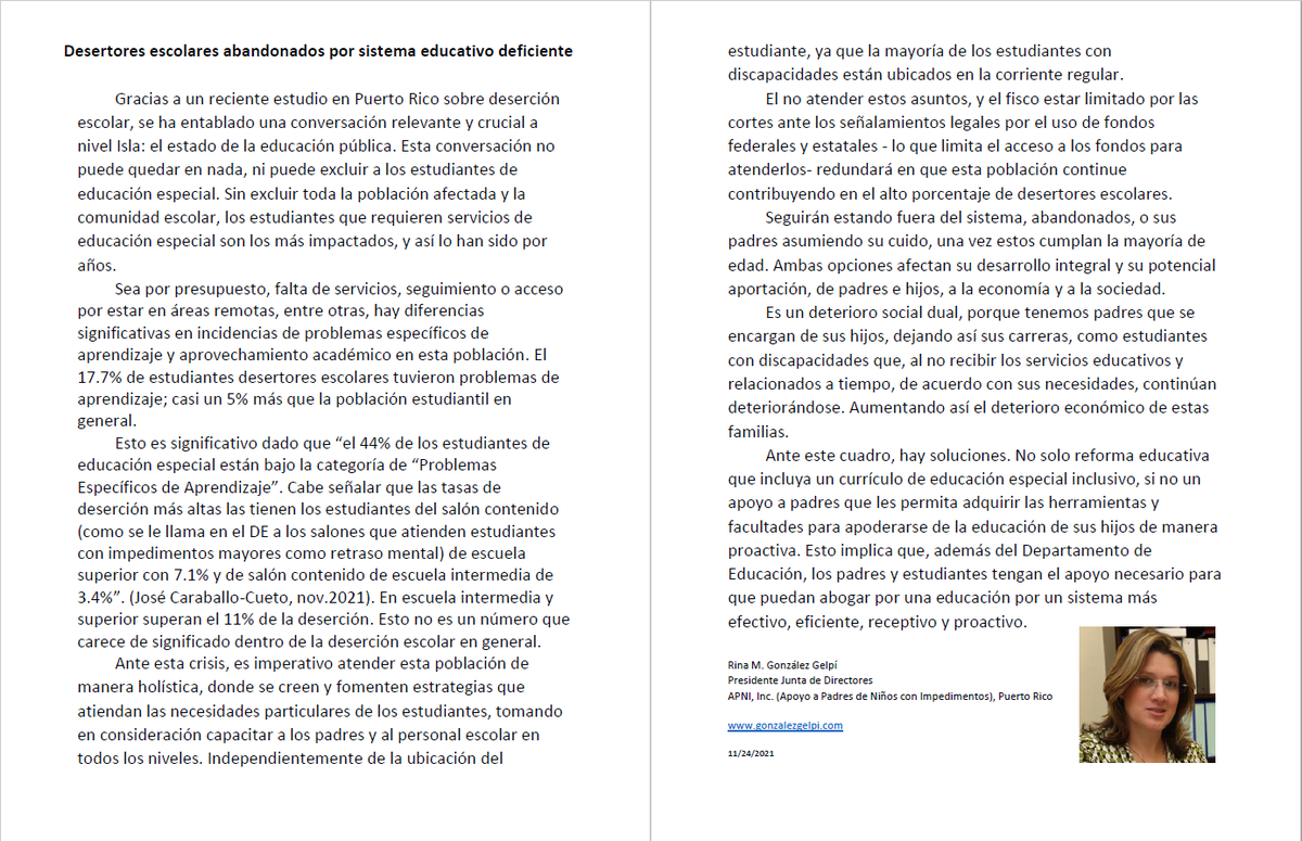 APNI_Apoyo's tweet photo. Reflexión de nuestra Presidenta de Junta de Directores sobre la situación de la educación en Puerto Rico y su impacto en los estudiantes de educación especial. https://t.co/R09FRnOxwn