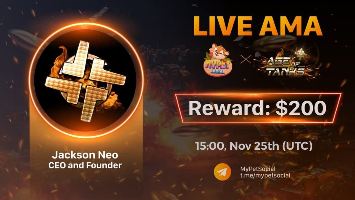 My Pet Social 🐯 (@mypetsocial) on Twitter photo We are excited to announce our next #AMA with <a href="/AgeOfTanksNFT/">Age Of Tanks Official</a> 📣
1️⃣Follow <a href="/AgeOfTanksNFT/">Age Of Tanks Official</a> & <a href="/mypetsocial/">My Pet Social 🐯</a>
2️⃣RT & Tag 3
3️⃣Comment your question
🗓Time: 15:00, Nov 25th (UTC)
🏞Location: t.me/mypetsocial
💰$200 prize for the 10 best audience questions! (5 Twitter + 5 Live). We are excited to announce our next #AMA with <a href="/AgeOfTanksNFT/">Age Of Tanks Official</a> 📣
1️⃣Follow <a href="/AgeOfTanksNFT/">Age Of Tanks Official</a> & <a href="/mypetsocial/">My Pet Social 🐯</a>
2️⃣RT & Tag 3
3️⃣Comment your question
🗓Time: 15:00, Nov 25th (UTC)
🏞Location: t.me/mypetsocial
💰$200 prize for the 10 best audience questions! (5 Twitter + 5 Live).